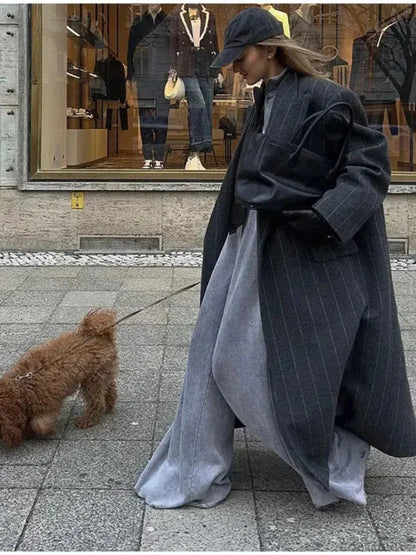 Striped Vintage Loose Lapel Woolen Overcoat