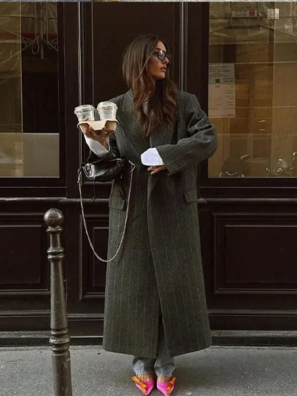 Striped Vintage Loose Lapel Woolen Overcoat