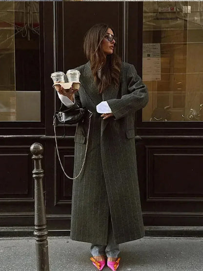 Striped Vintage Loose Lapel Woolen Overcoat