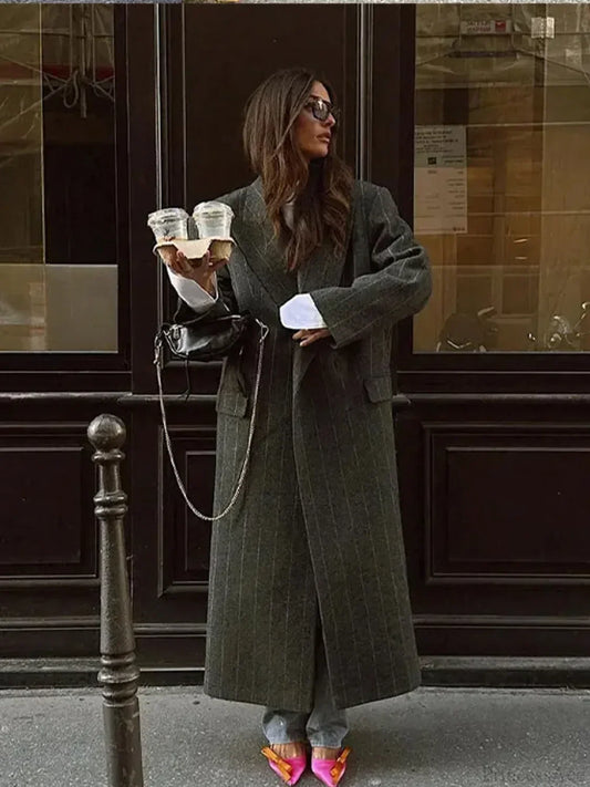 Striped Vintage Loose Lapel Woolen Overcoat