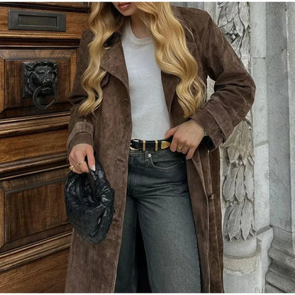 Suede Leather Chocolate Belted Overcoat