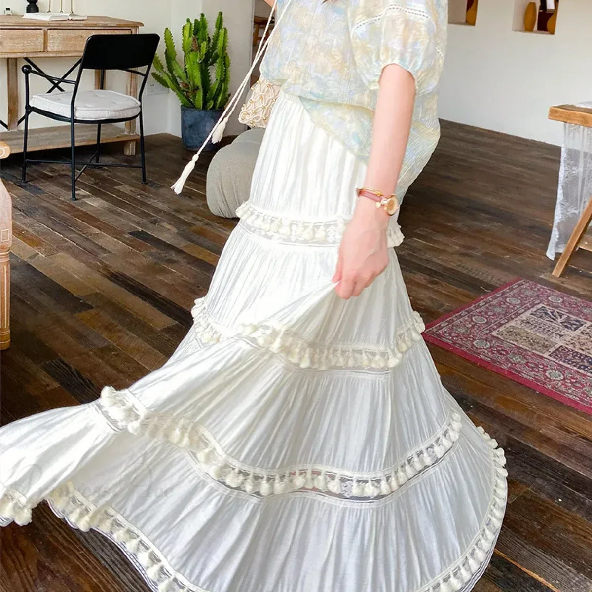 Summer Boho Skirts High Waist Hollow A-line Maxi Skirts Holiday