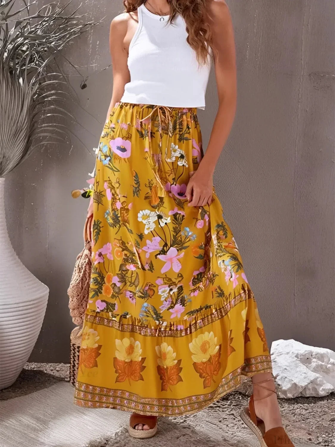 Summer Yellow Floral Print Tassel Beach Bohemian Pleated Rayon Boho Skirt