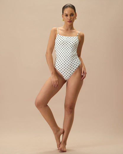 Backless One-Piece Swimsuit with White Polka Dots
