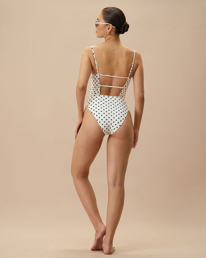 Backless One-Piece Swimsuit with White Polka Dots