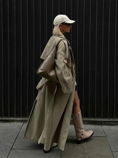 Turn-Down Collar Lace-Up Loose Overcoat