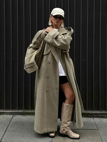 Turn-Down Collar Lace-Up Loose Overcoat