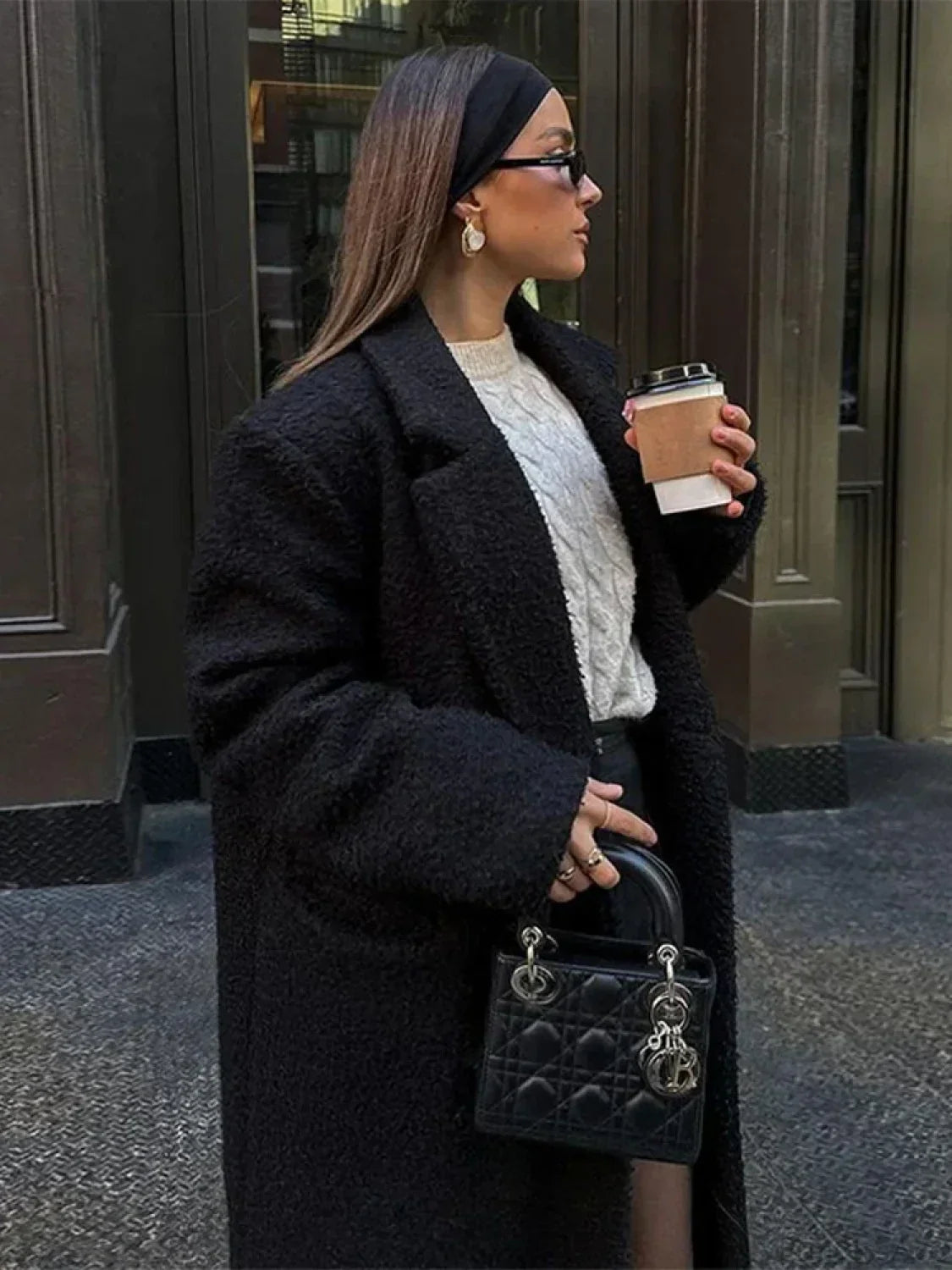 Vintage Black Woolen Double-Breasted Overcoat