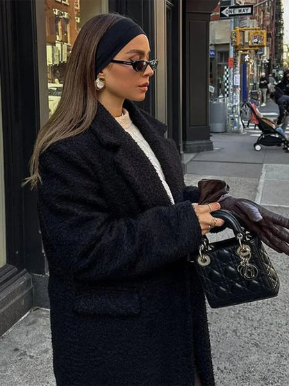 Vintage Black Woolen Double-Breasted Overcoat