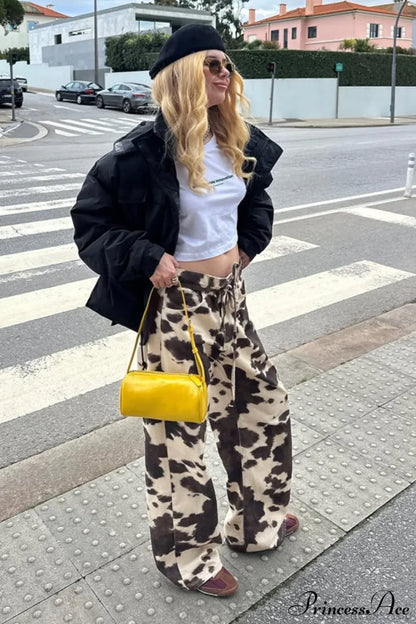 Vintage Cow Print Elegant Straight-Leg Jeans