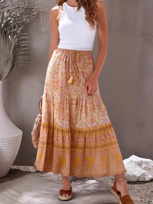 Vintage Floral Peacock Printed High Waist Beach Boho Skirt