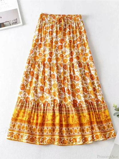 Vintage Summer Fashion Yellow Floral Printed Beach Bohemian Cotton Rayon Skirt