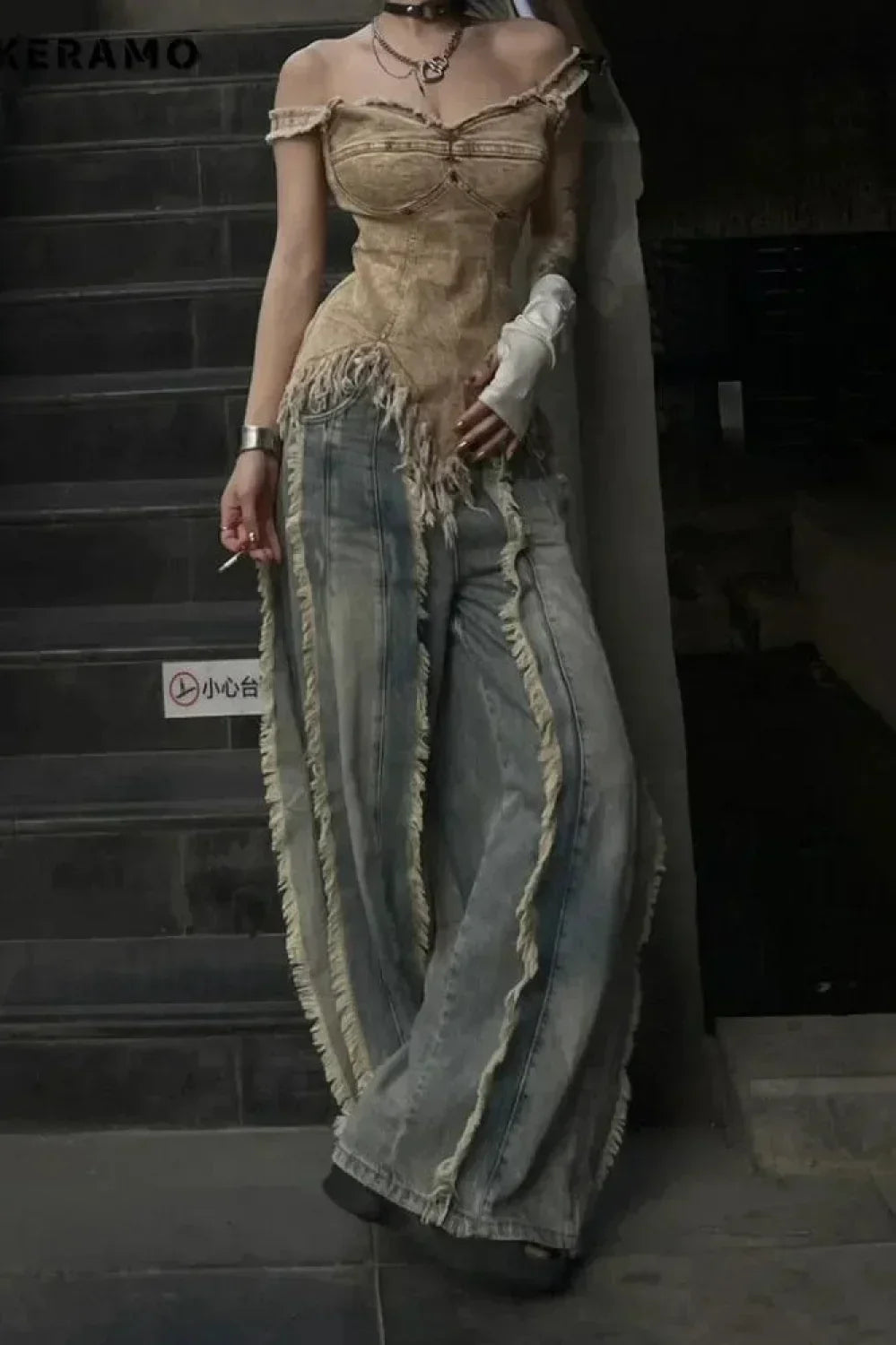 Washed Baggy Vintage Tassel Jeans