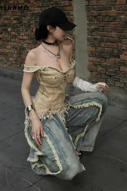 Washed Baggy Vintage Tassel Jeans