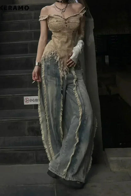 Washed Baggy Vintage Tassel Jeans