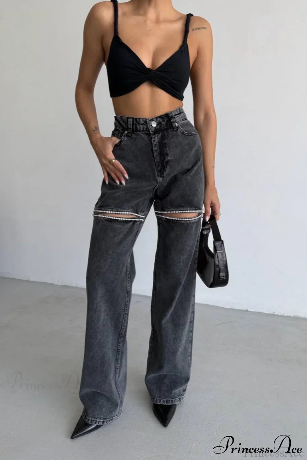 Washed Chain Distressed Straight Jeans