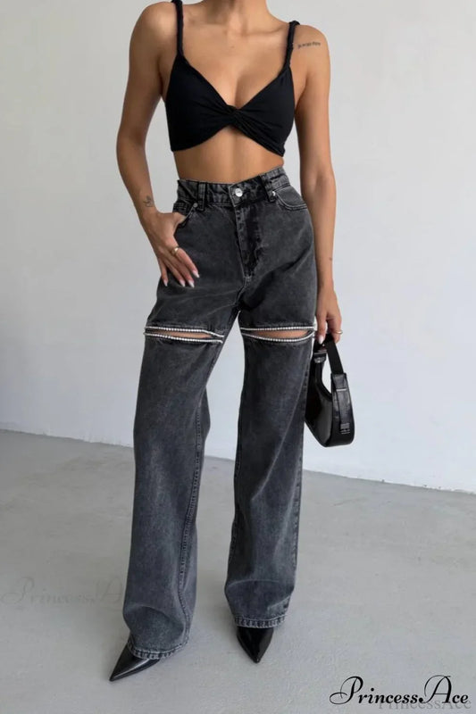 Washed Chain Distressed Straight Jeans