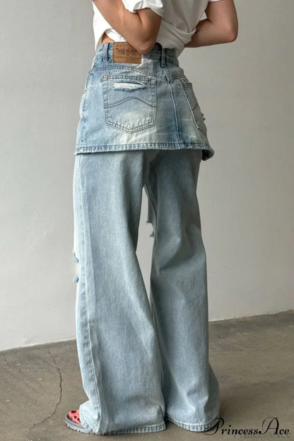 Washed Denim High Waisted Irregular Wide Leg Jeans