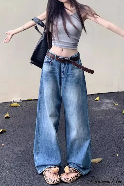 Washed High-Waisted Relaxed Straight Wide-Leg Jeans