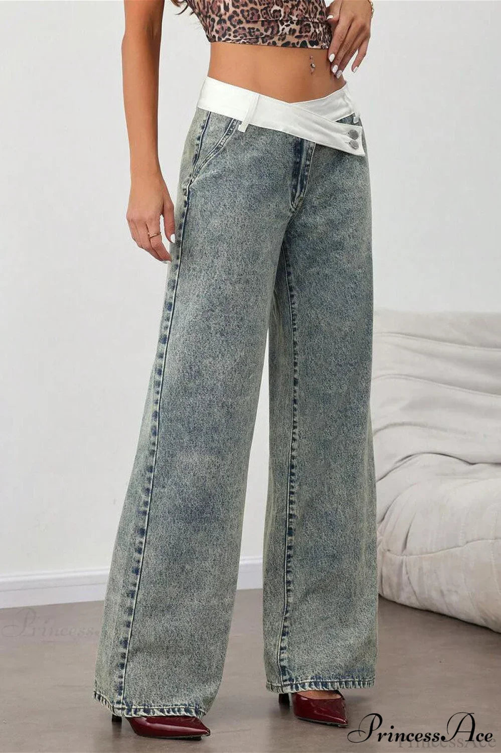 Washed Waist Panel Loose Wide Leg Versatile Jeans