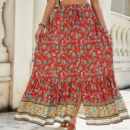 Women Boho Maxi Skirts Button Down Floral A-line Hippie Chic