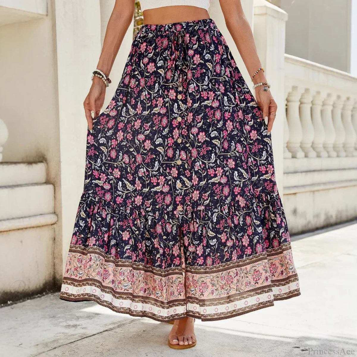 Women Boho Maxi Skirts Button Down Floral A-line Hippie Chic