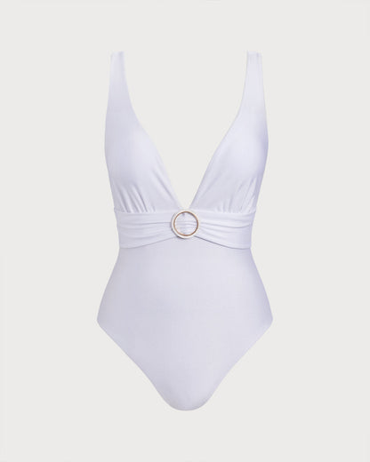 One-Piece Swimsuit with V-Neck in White