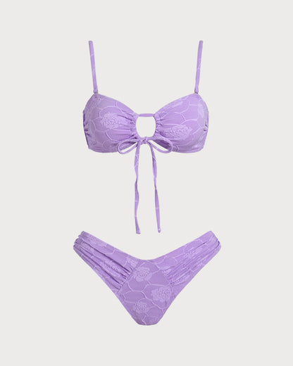 Textured Purple Floral Bandeau Bikini Set