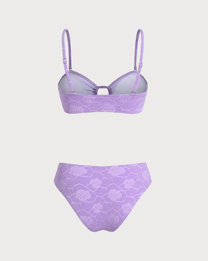 Textured Purple Floral Bandeau Bikini Set