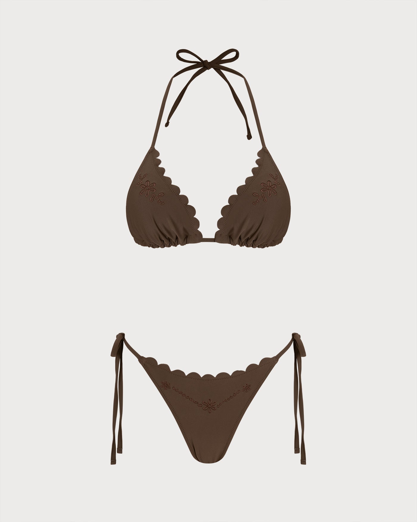 Halter Embroidered Coffee Bikini Set