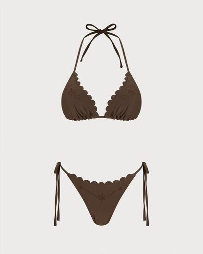 Halter Embroidered Coffee Bikini Set