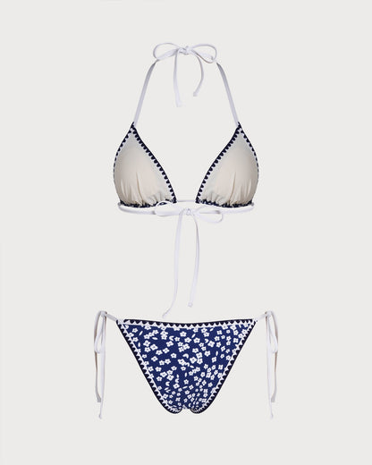 Floral Triangle Bikini Set with Blue Halter