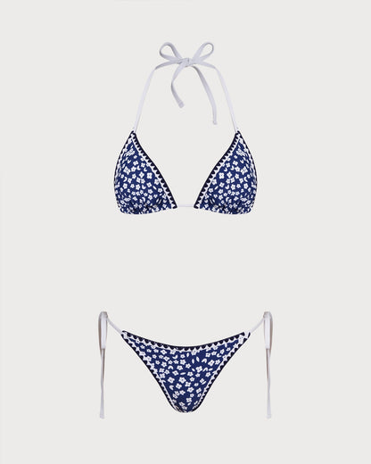 Floral Triangle Bikini Set with Blue Halter