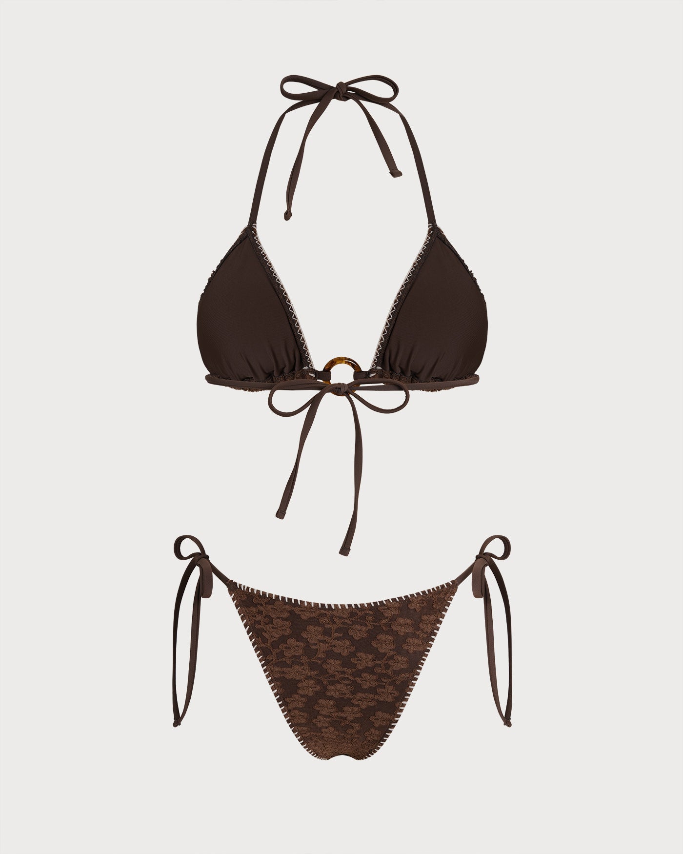 Textured Triangle Bikini Set with Brown Halter