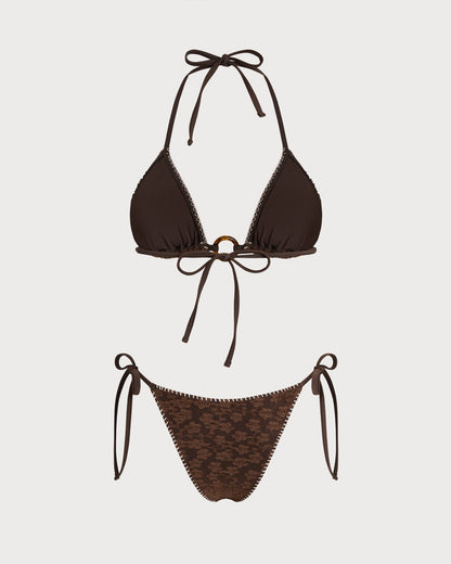 Textured Triangle Bikini Set with Brown Halter