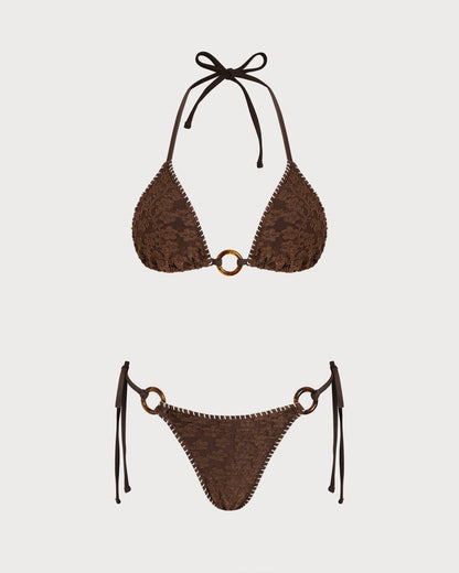 Textured Triangle Bikini Set with Brown Halter