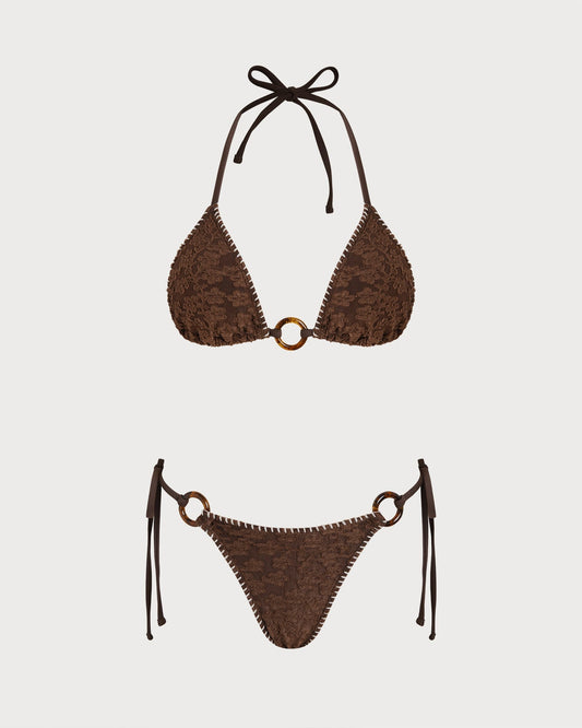 Textured Triangle Bikini Set with Brown Halter
