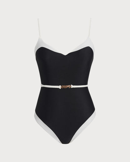 One-Piece Swimsuit with V-Neck and Black Contrast