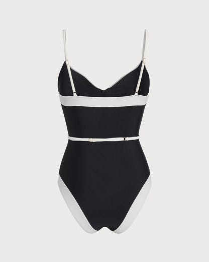 One-Piece Swimsuit with V-Neck and Black Contrast