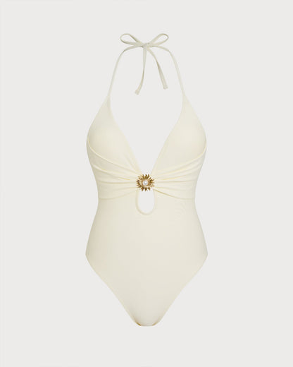 One-Piece Swimsuit with Halter in Off White
