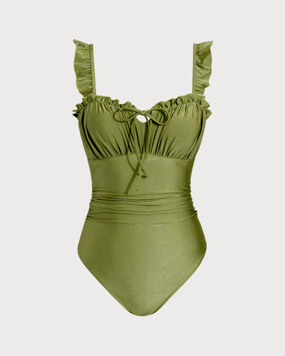 Green One-Piece Swimsuit with Ruffles