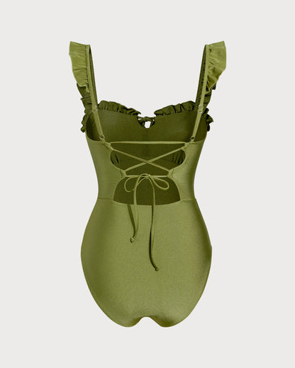 Green One-Piece Swimsuit with Ruffles