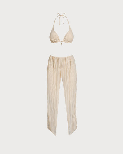Peach Halter Bikini Set with Sequins and Cord
