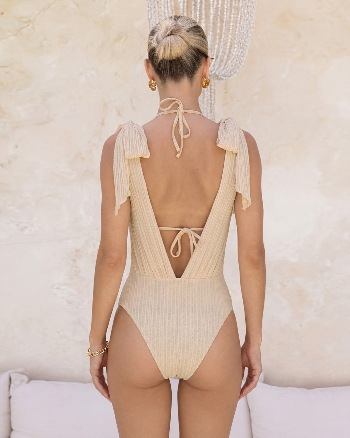 Peach Halter Bikini Set with Sequins and Cord