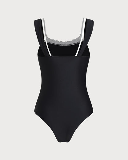 One-Piece Swimsuit with Black Lace and Contrast