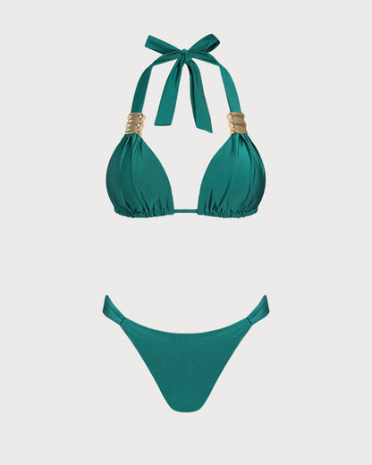 Green Triangle Bikini Set with Halter