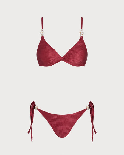 Red V-Neck Triangle Bikini Set