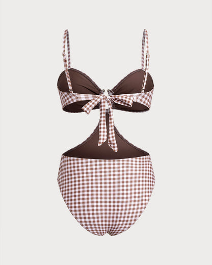 One-Piece Checkered Coffee Bathing Suit