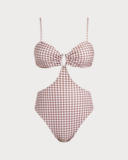 One-Piece Checkered Coffee Bathing Suit