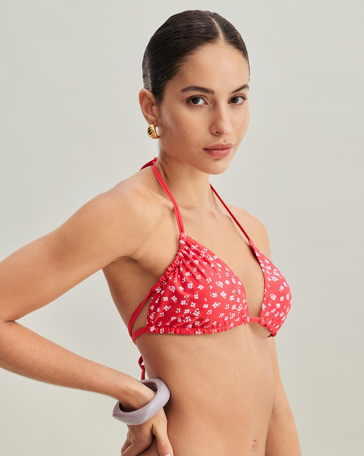 Red Floral Tie Side Triangle Bikini Set